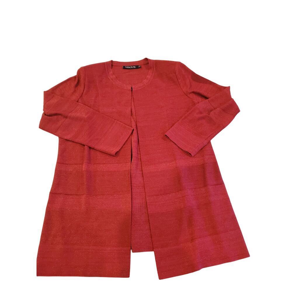 Misook Lightweight Red metallic long line Cardigan  1 closure‎ OX